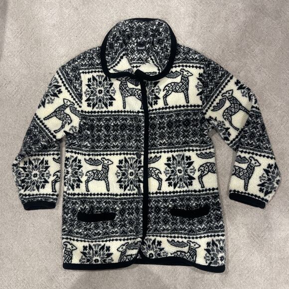 Marker Women M Alpaca Fleese Jacket Coat Black Cream Collar Boxy Cozy Boho Aztec - Picture 1 of 8